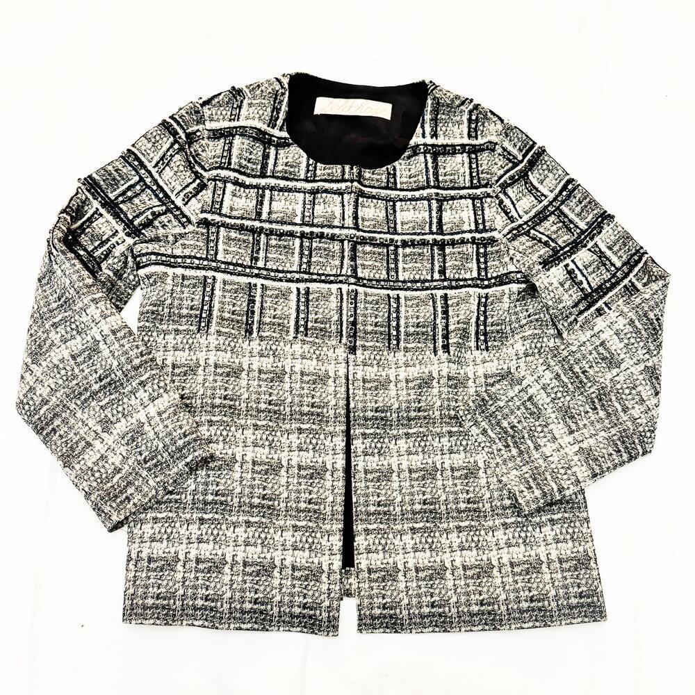 Lela Rose Embellished Black White Metallic Trimmed Plaid Blazer Jacket Size 8